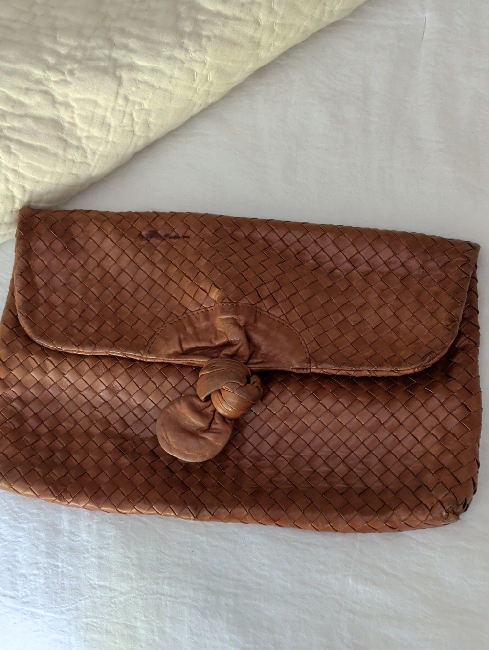 Woven Leather Knot-Front Clutch - Brown
